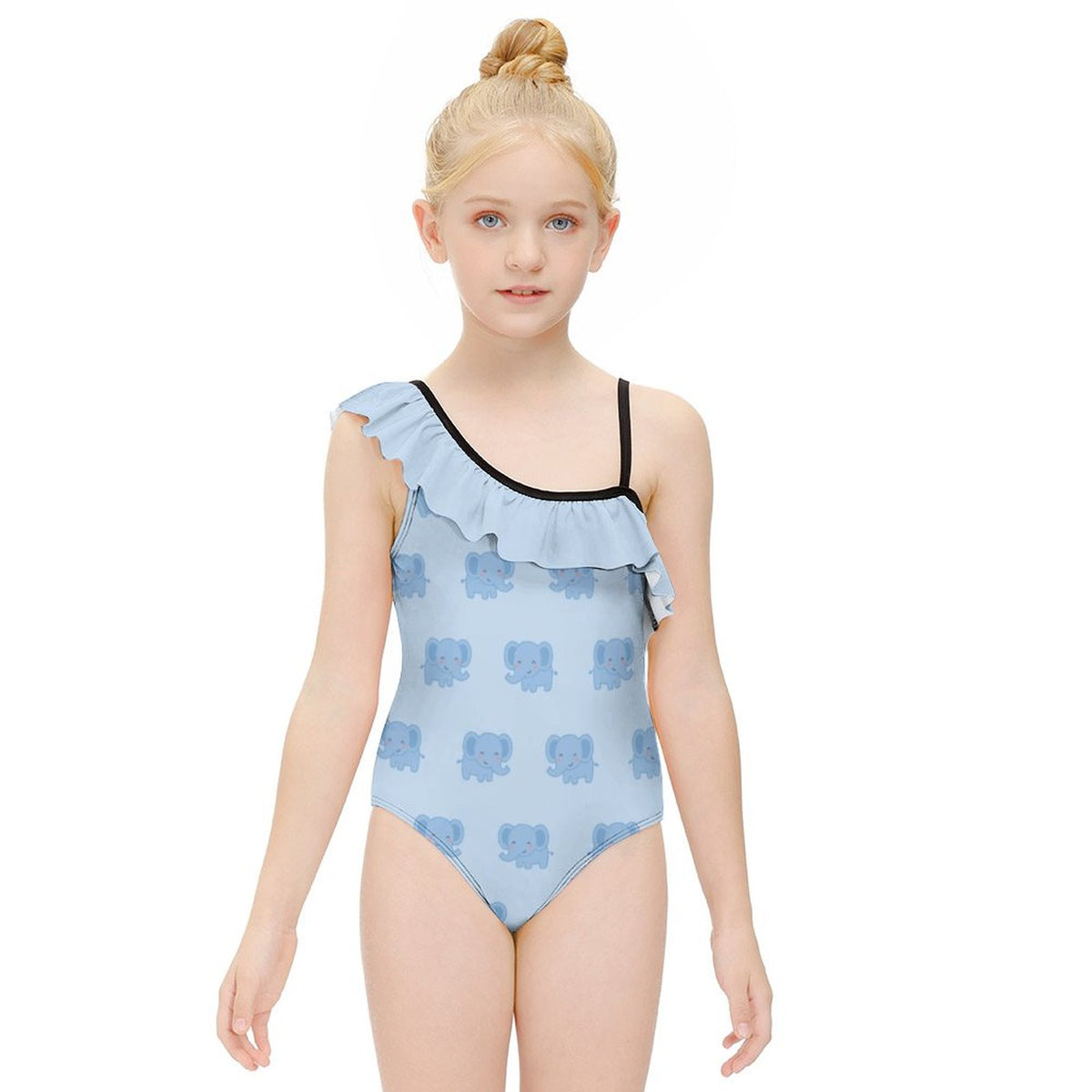 Cute Blue Elephant One-Shoulder Girls' Swimsuit