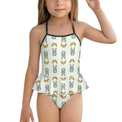 Girls Cute Bunny & Moon Cami Ruffle One-Piece Swimsuit