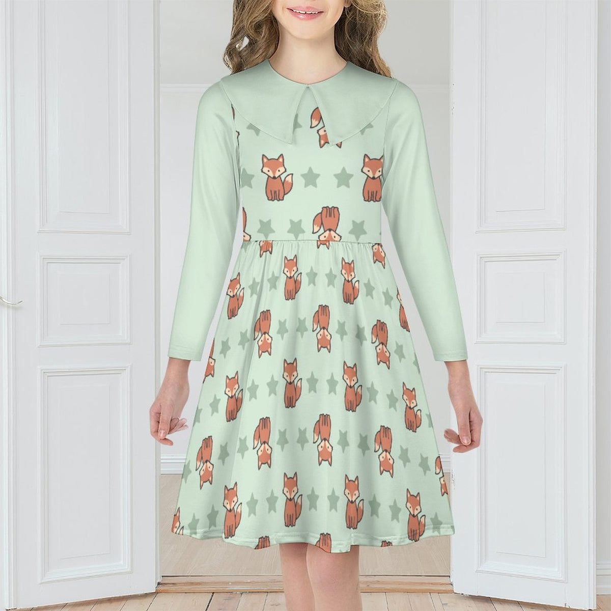 Cute Fox Print Peter Pan Collar Girls Long Sleeve Dress