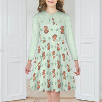 Cute Fox Print Peter Pan Collar Girls Long Sleeve Dress