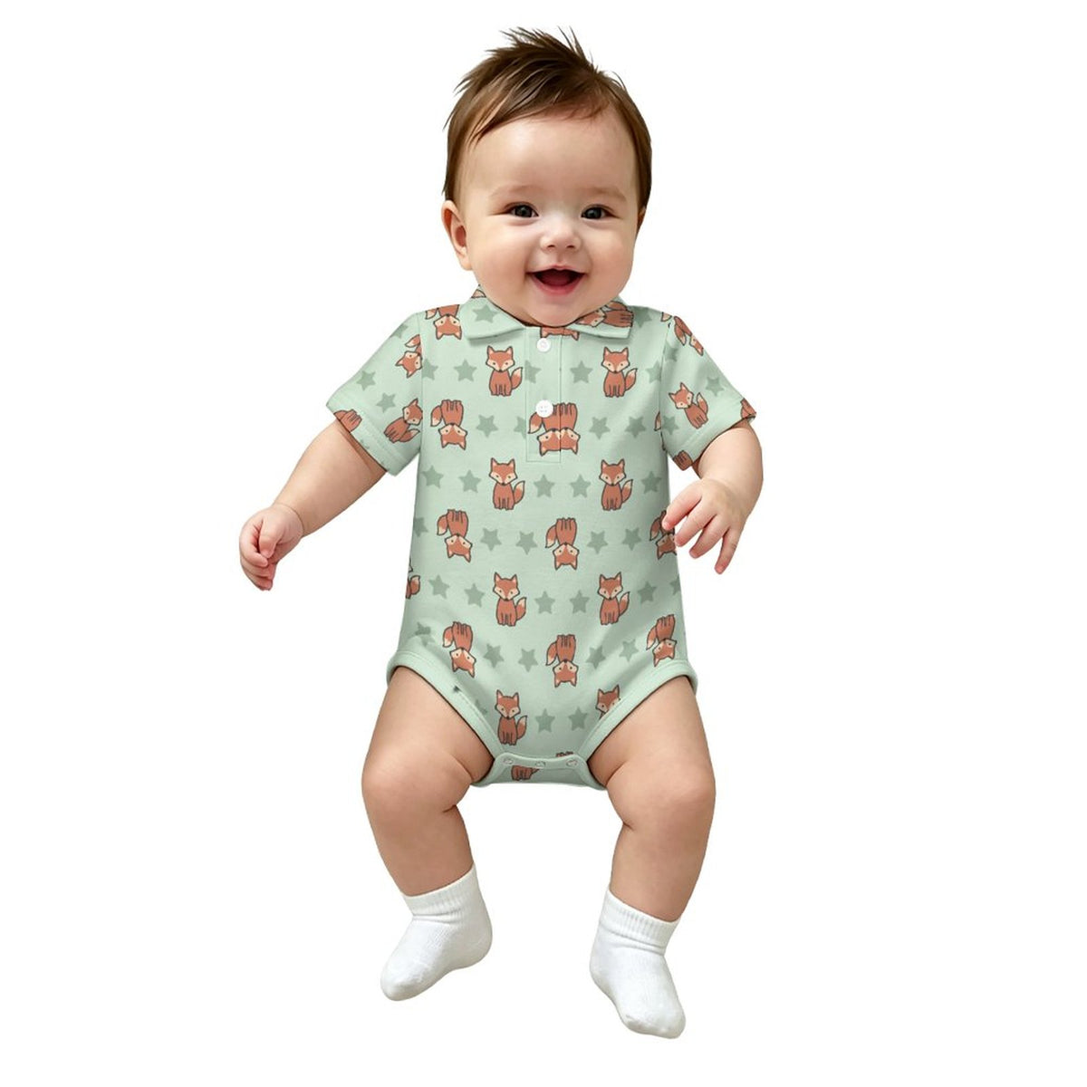 Cute Baby Fox Print Short Sleeve Polo Romper