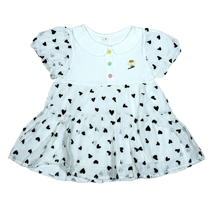 Girls White Heart Print Dress with Peter Pan Collar