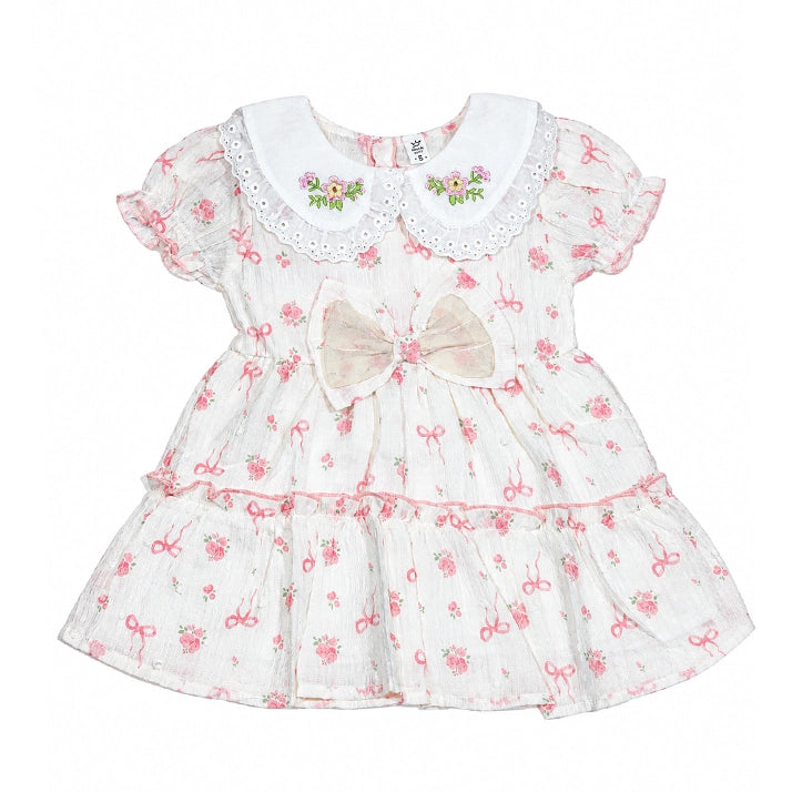 Girls Pink Bow & Rose Print Dress with Lace Collar