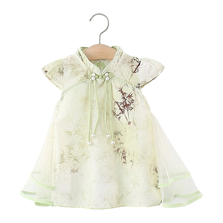 Girls Green Bamboo Print Cheongsam Dress with Tulle Sides
