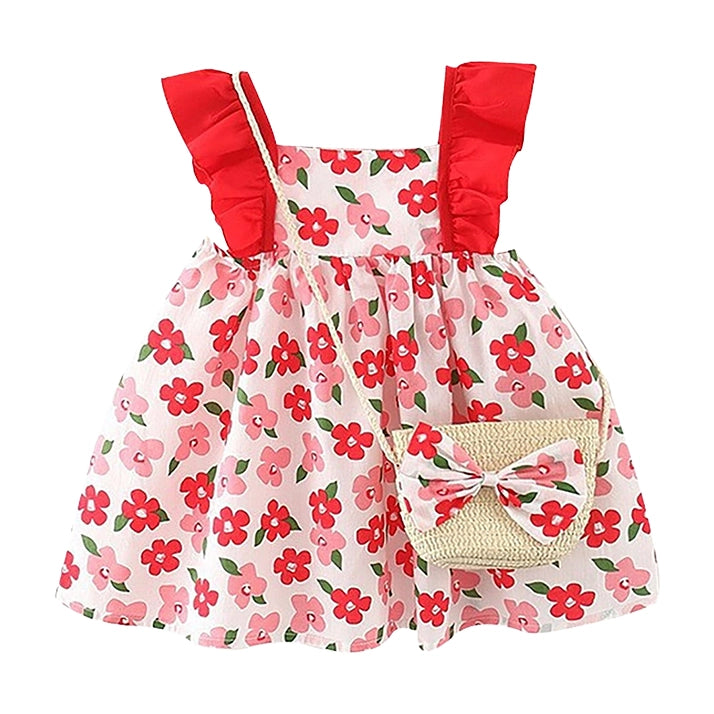 Girls Red Floral Dress & Straw Bag Set | Flutter Strap Dress