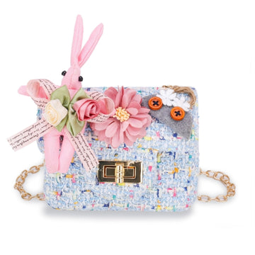 Girls Blue Tweed Mini Bag with Bunny, Flowers & Chain Strap