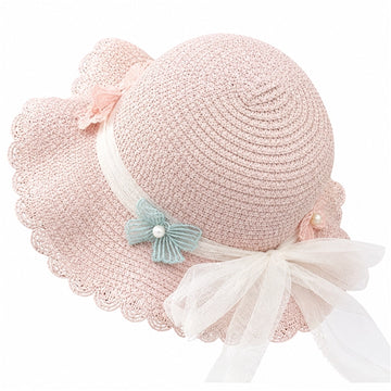 Girls Pink Straw Sun Hat with Tulle Bow & Lace Butterflies