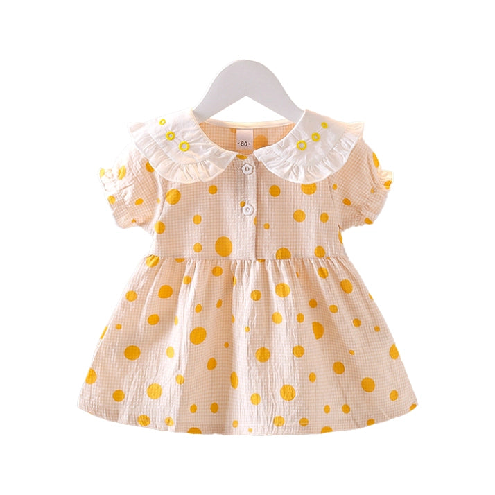 Baby girl yellow polka dot dress with ruffle Peter Pan collar, puff sleeves and peach gingham check – front view