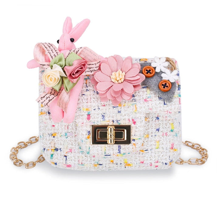 Girls Blue Tweed Mini Bag with Bunny, Flowers & Chain Strap