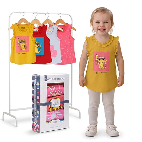 Girls Ruffle Tank Top 4 Pack – Cat, Flower & Heart Prints